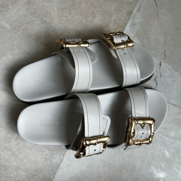 SCHUTZ White and Gold Double Strap Sandals - Picture 4 of 8